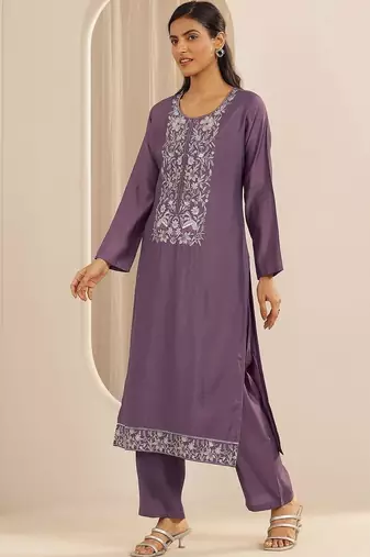 women ethnic motifs embroidered regular thread work kurta with trousers