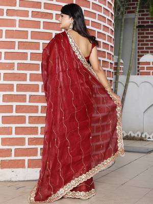 Maroon women red solid striped mirror work tissue saree 3