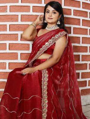 Maroon women red solid striped mirror work tissue saree 4