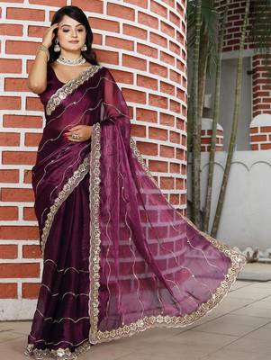 Burgundy burgundy tissue embellished sarees 1