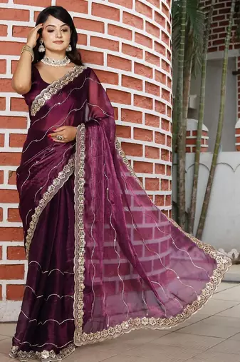 Burgundy burgundy tissue embellished sarees