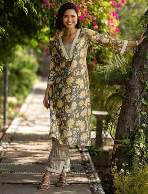 floral printed v-neck kurta with trouser 2