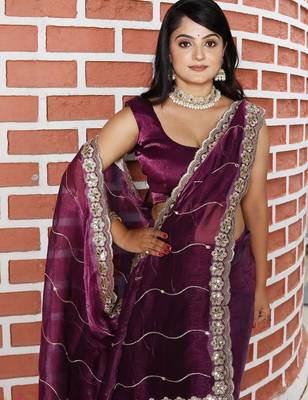 Burgundy burgundy tissue embellished sarees 2