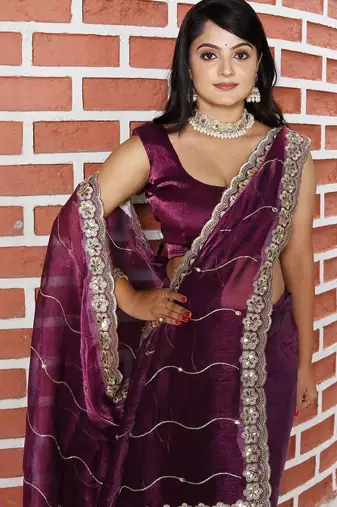 Burgundy burgundy tissue embellished sarees