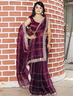 Burgundy burgundy tissue embellished sarees 3