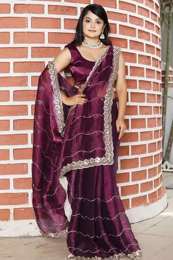 Burgundy burgundy tissue embellished sarees