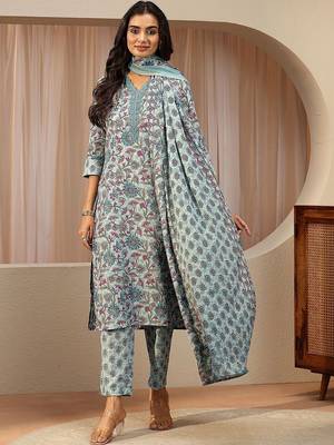 blue floral printed cotton blend straight suit set 1