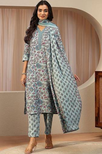 blue floral printed cotton blend straight suit set