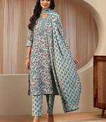 blue floral printed cotton blend straight suit set