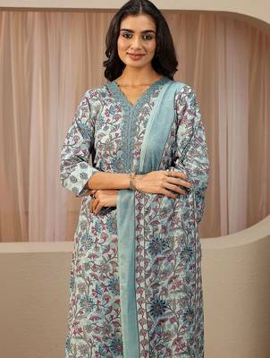 blue floral printed cotton blend straight suit set 2
