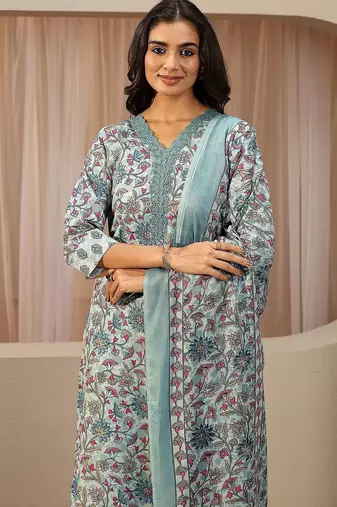blue floral printed cotton blend straight suit set