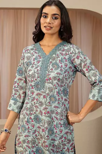 blue floral printed cotton blend straight suit set