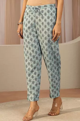 blue floral printed cotton blend straight suit set