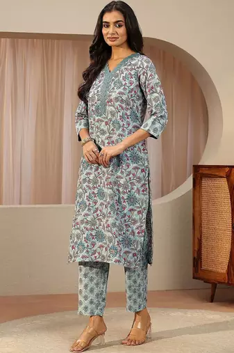 blue floral printed cotton blend straight suit set
