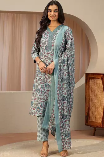 blue floral printed cotton blend straight suit set