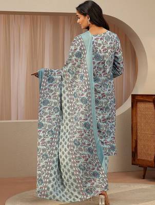 blue floral printed cotton blend straight suit set 7