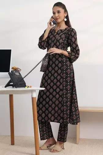 libas black ajrakh print a-line kurta set
