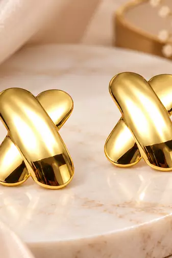 Gold-plated x-cross stud earrings, anti-tarnish jewellery