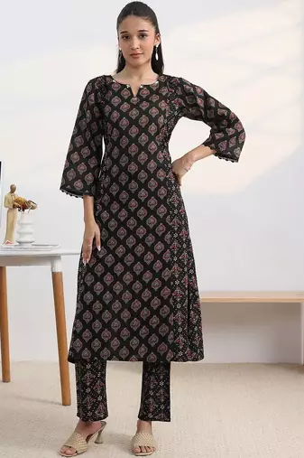 libas black ajrakh print a-line kurta set