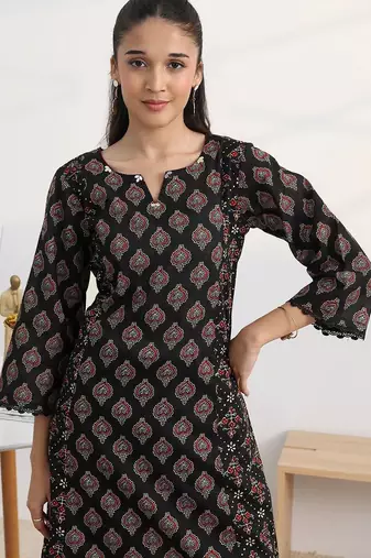 libas black ajrakh print a-line kurta set