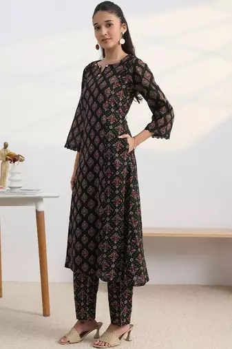 libas black ajrakh print a-line kurta set