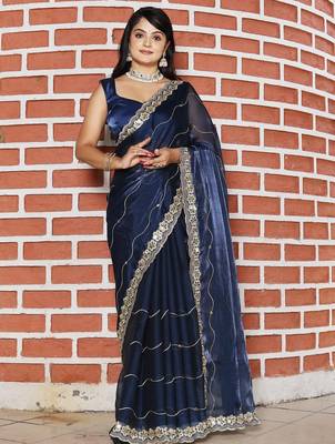 Navy blue mirror work tissue saree 1