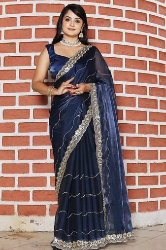 Navy blue mirror work tissue saree