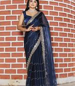 Navy blue mirror work tissue saree