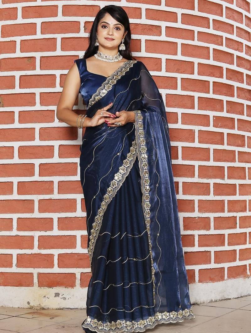 Navy blue mirror work tissue saree