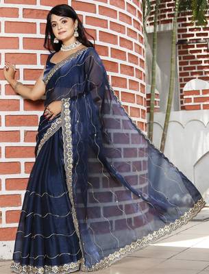 Navy blue mirror work tissue saree 2