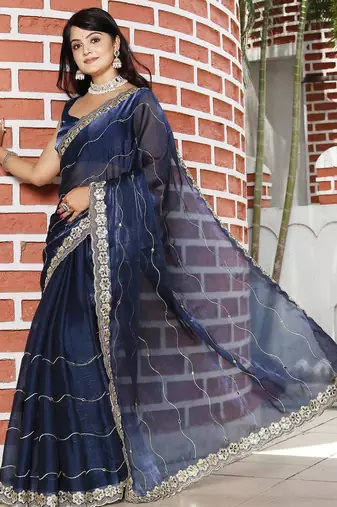 Navy blue mirror work tissue saree