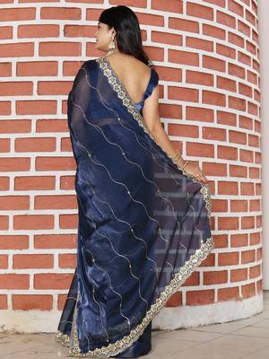 Navy blue mirror work tissue saree 3