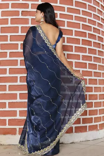 Navy blue mirror work tissue saree