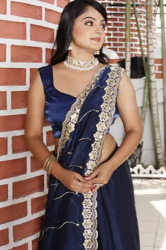 Navy blue mirror work tissue saree