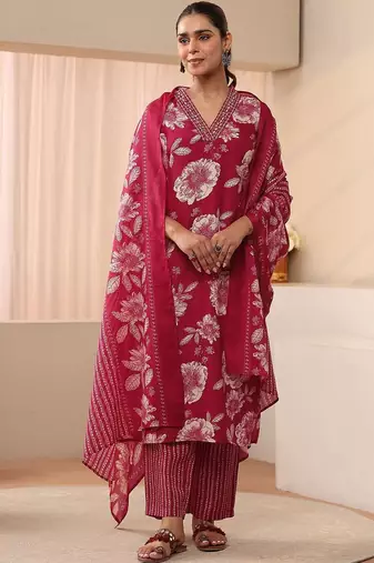 women floral printed regular kurta with trousers & with dupatta