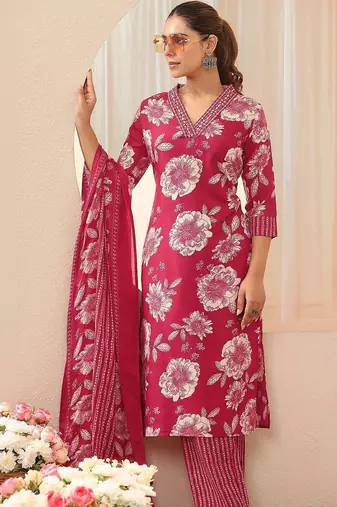 women floral printed regular kurta with trousers & with dupatta