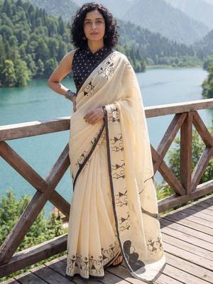 Cream batik  cotton designer ikat saree 1
