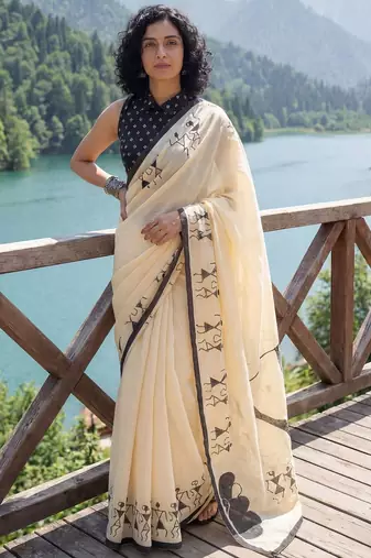 Cream batik  cotton designer ikat saree