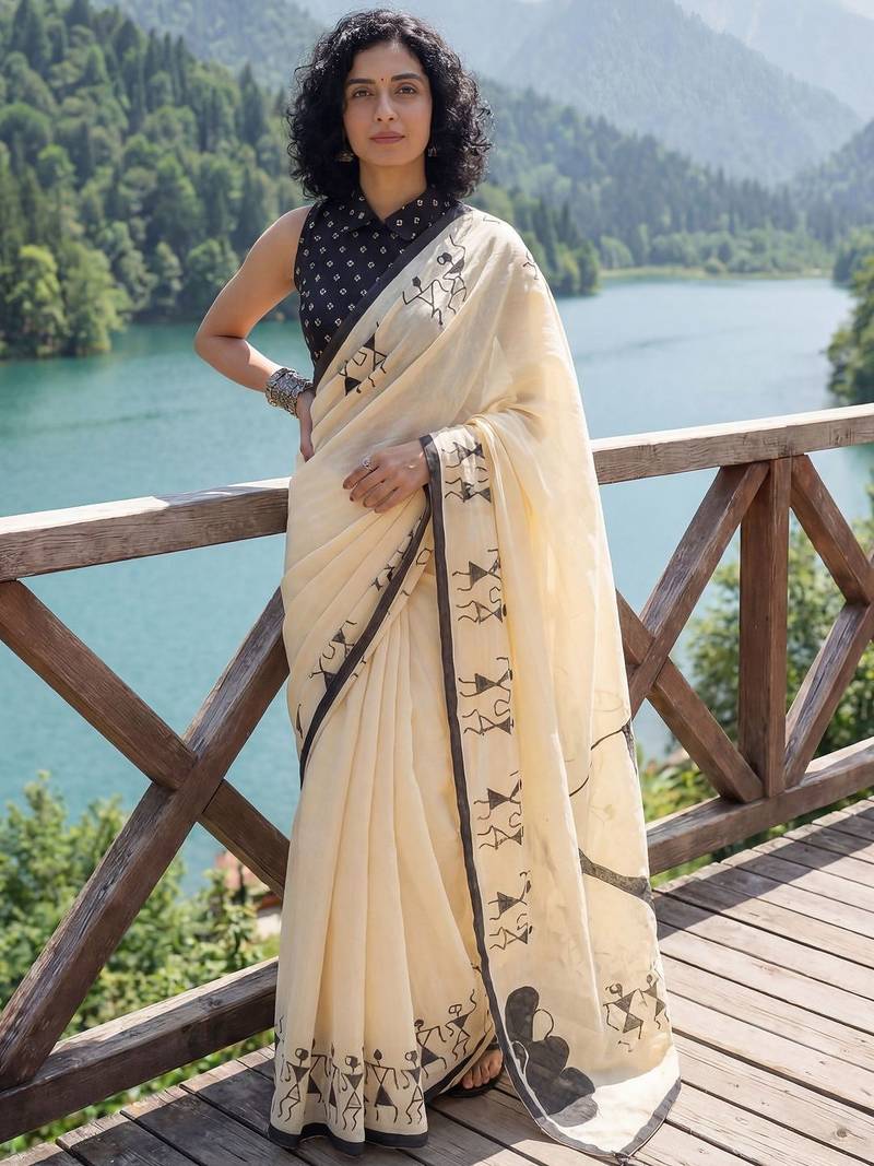Cream batik  cotton designer ikat saree
