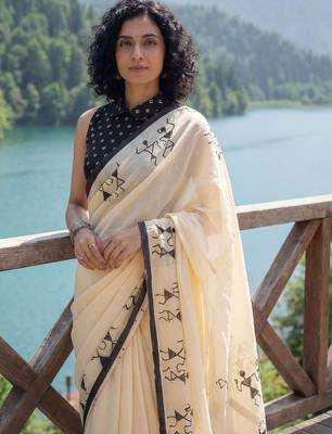 Cream batik  cotton designer ikat saree 2