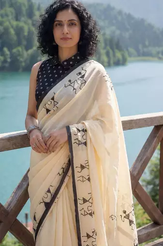 Cream batik  cotton designer ikat saree