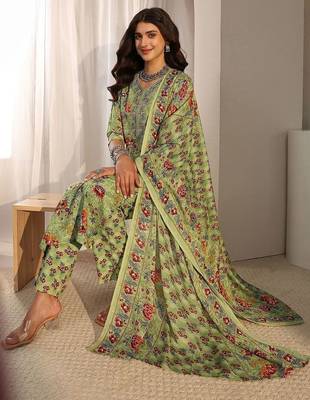 libas green floral printed straight suit set with dupatta 1