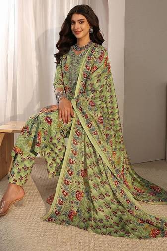 libas green floral printed straight suit set with dupatta