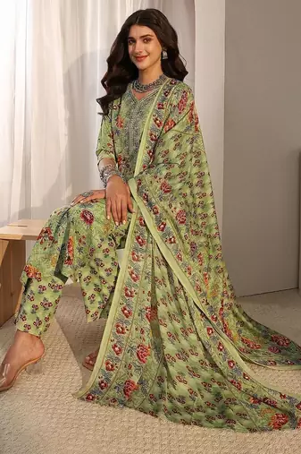 libas green floral printed straight suit set with dupatta