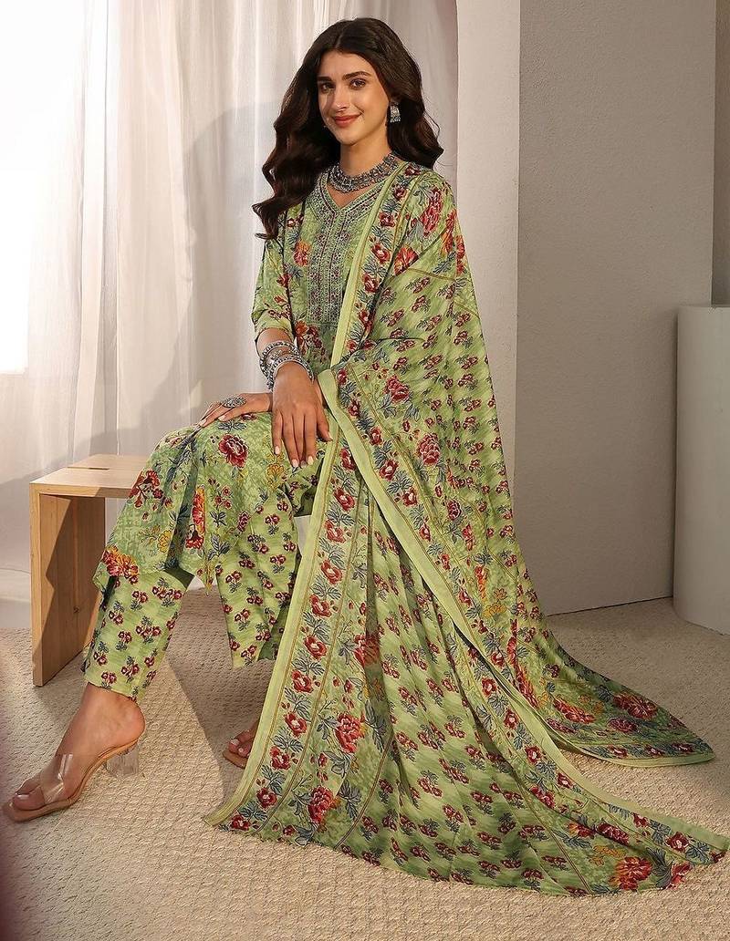 libas green floral printed straight suit set with dupatta