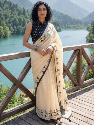 Cream batik  cotton designer ikat saree 3