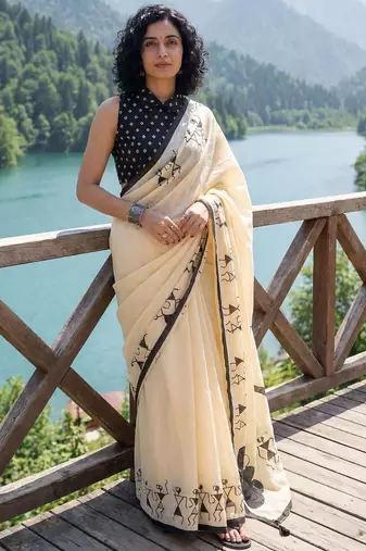 Cream batik  cotton designer ikat saree