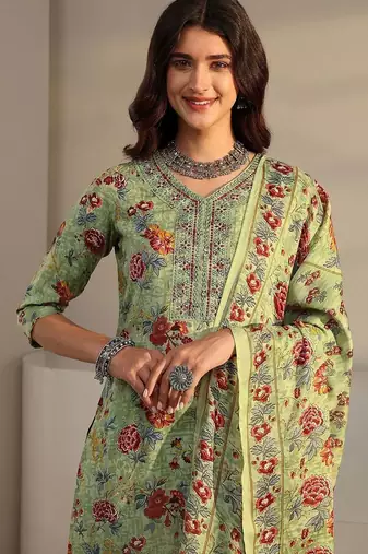 libas green floral printed straight suit set with dupatta