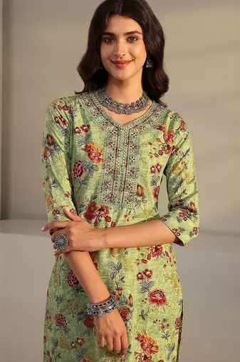 libas green floral printed straight suit set with dupatta