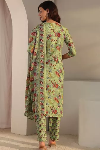 libas green floral printed straight suit set with dupatta